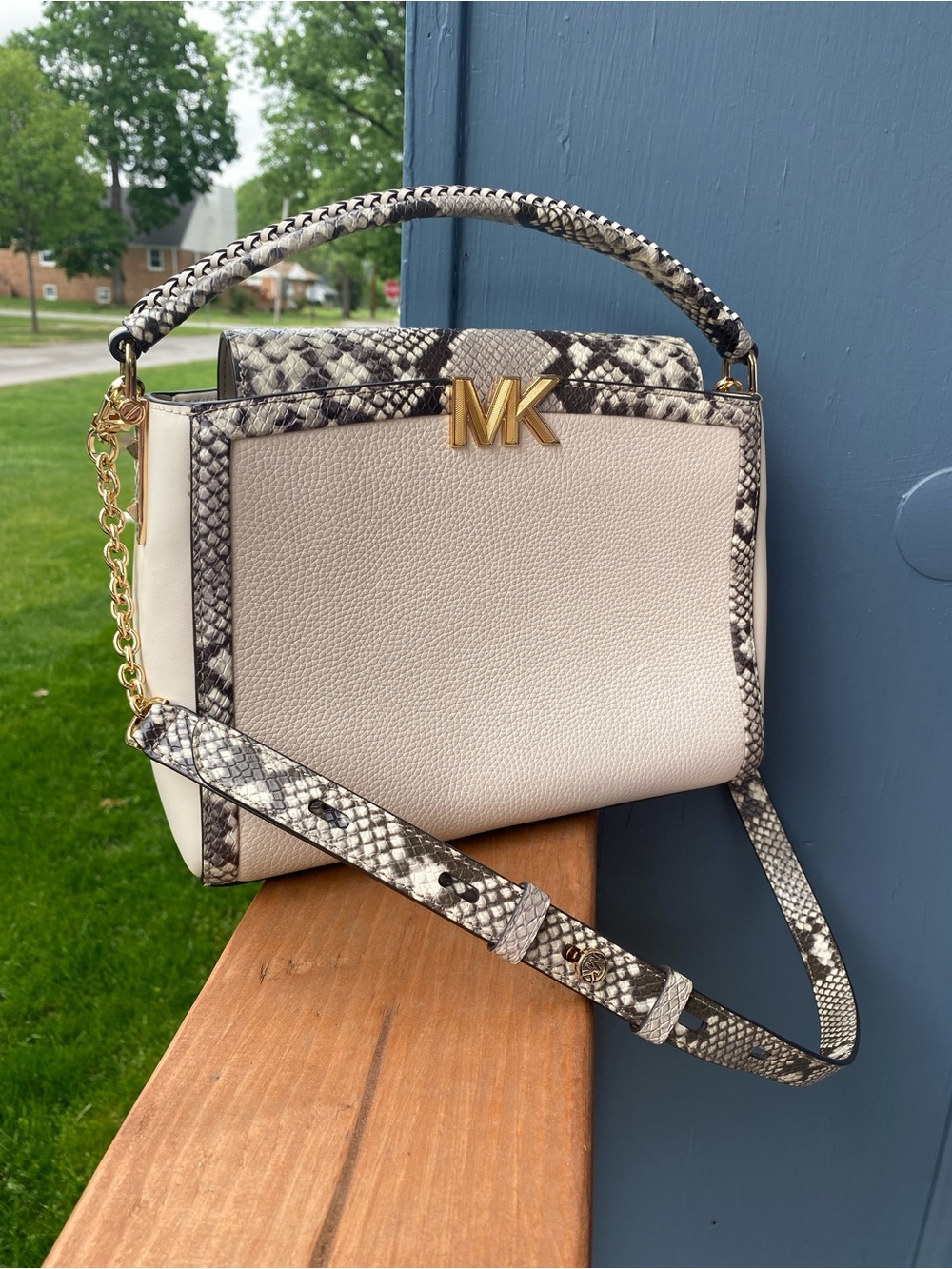 Michael Kors Karlie Medium Pebbled and Snake Embossed Leather Satchel NWT